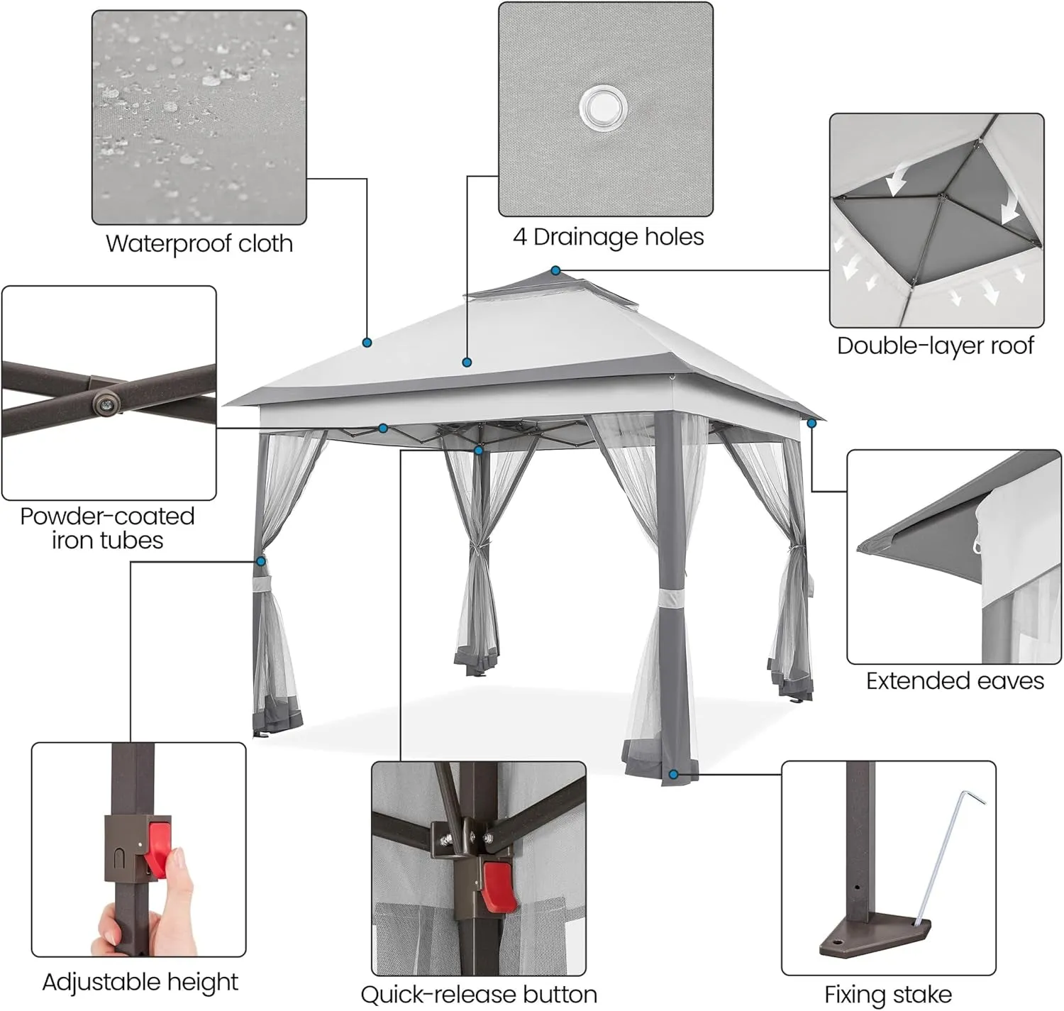 11X11 Pop up Gazebo Outdoor Canopy Shelter, Instant Patio Gazebo Sun Shade Canopy Tent with 4 Sandbags, 2 Tiers Roof & Mesh Netting for Lawn, Garden, Backyard & Deck, Gray