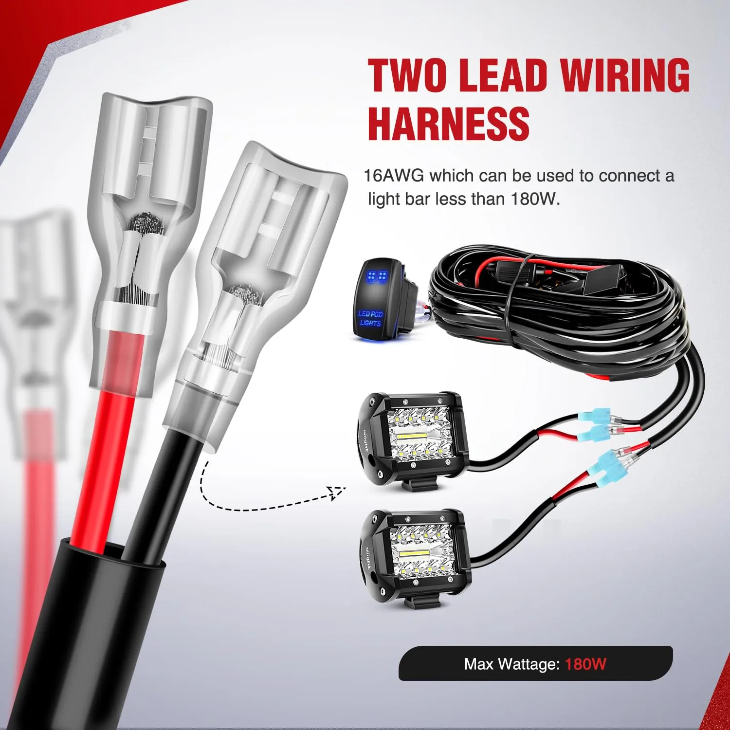 16AWG Wire Harness Kit 2 Leads W/ 12V 5Pin Light Pods Switch | 3 Fuses | 4 Spade Connectors