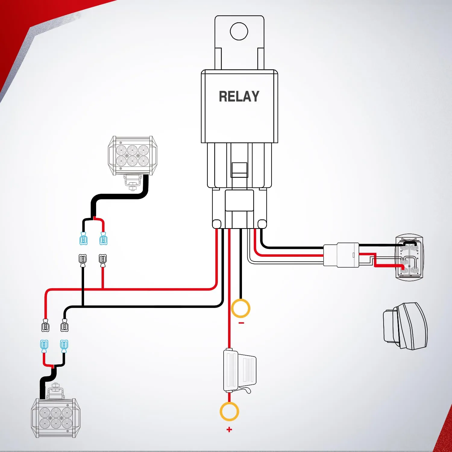 16AWG Wire Harness Kit 2 Leads W/ 12V 5Pin Light Pods Switch | 3 Fuses | 4 Spade Connectors