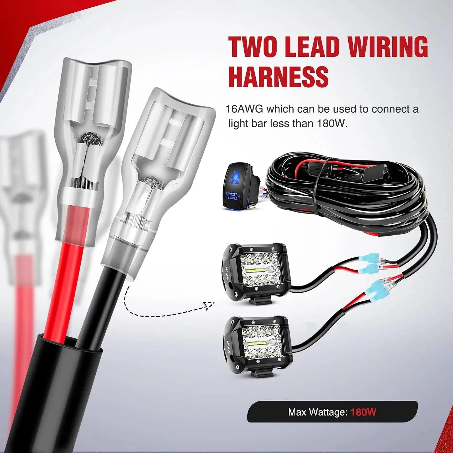 16AWG Wire Harness Kit 2 Leads W/ 12V 5Pin Sasquatch Lights Switch | 3 Fuses | 4 Spade Connectors