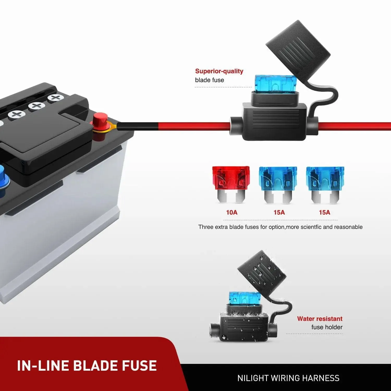 16AWG Wire Harness Kit 2 Leads W/ 12V Mouse Style Switch | 3 Fuses | 4 Spade Connectors