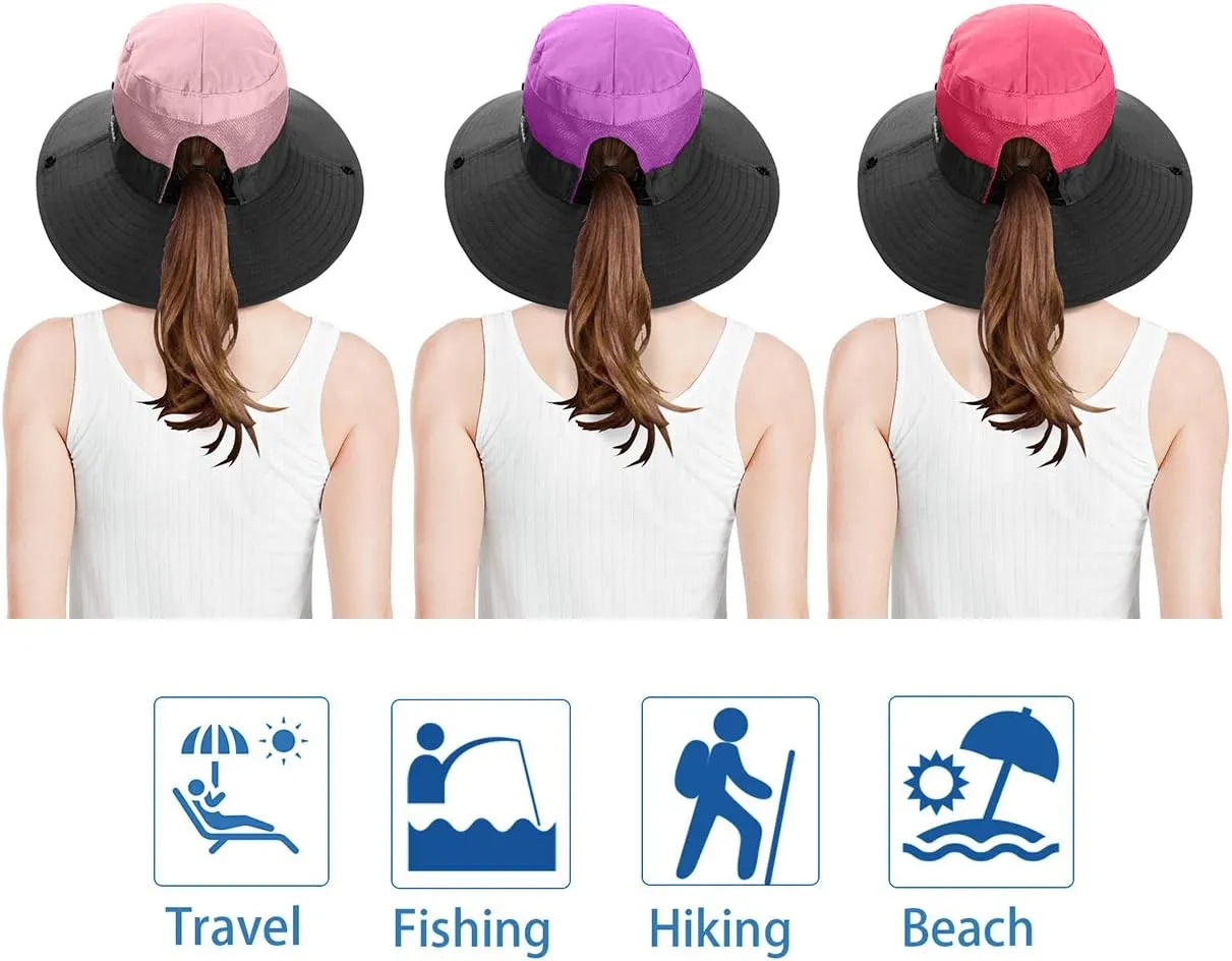 3 Pieces Womens Ponytail Wide Brim Sun Hat Packable UV Protection Beach Cap for Fishing & Hiking