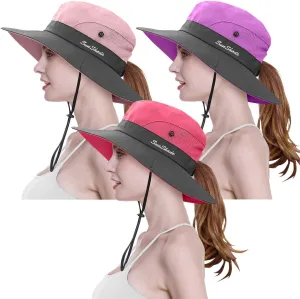 3 Pieces Womens Ponytail Wide Brim Sun Hat Packable UV Protection Beach Cap for Fishing & Hiking