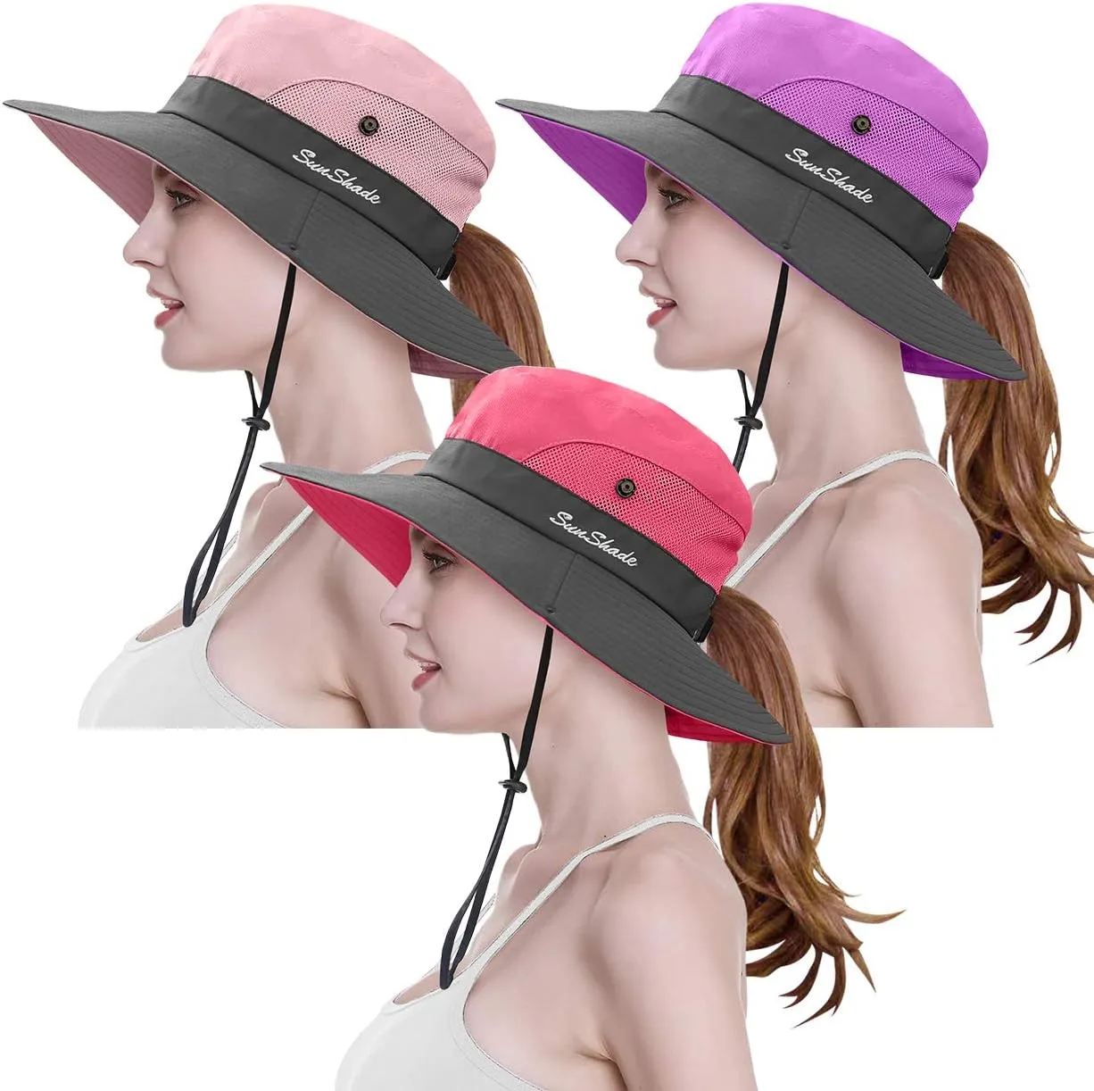 3 Pieces Womens Ponytail Wide Brim Sun Hat Packable UV Protection Beach Cap for Fishing & Hiking