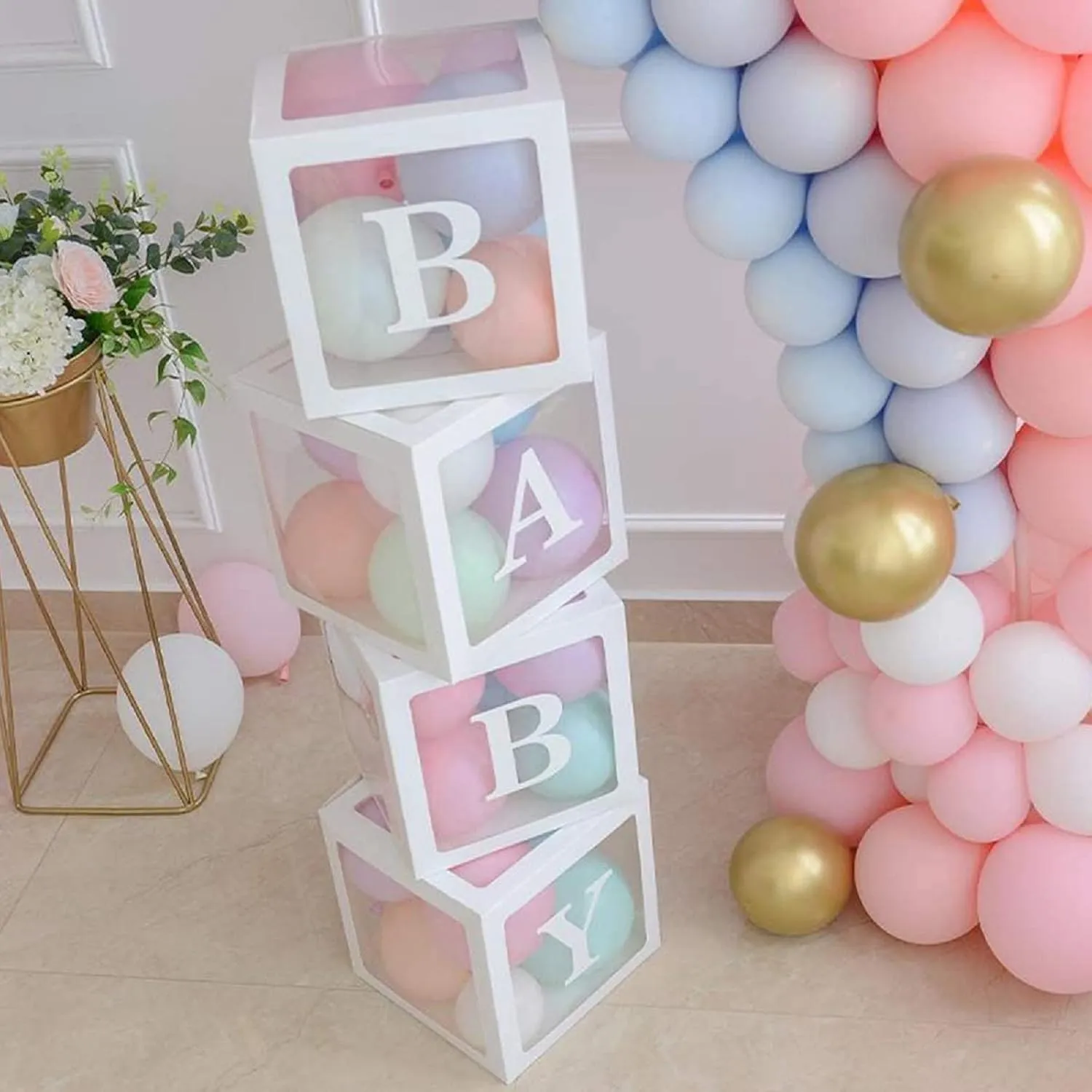 Baby Shower Boxes Party Decorations  4 pcs Transparent Balloons Boxes Dcor with Letters Baby Blocks Design for Baby Shower Gender Reveal Backdrop