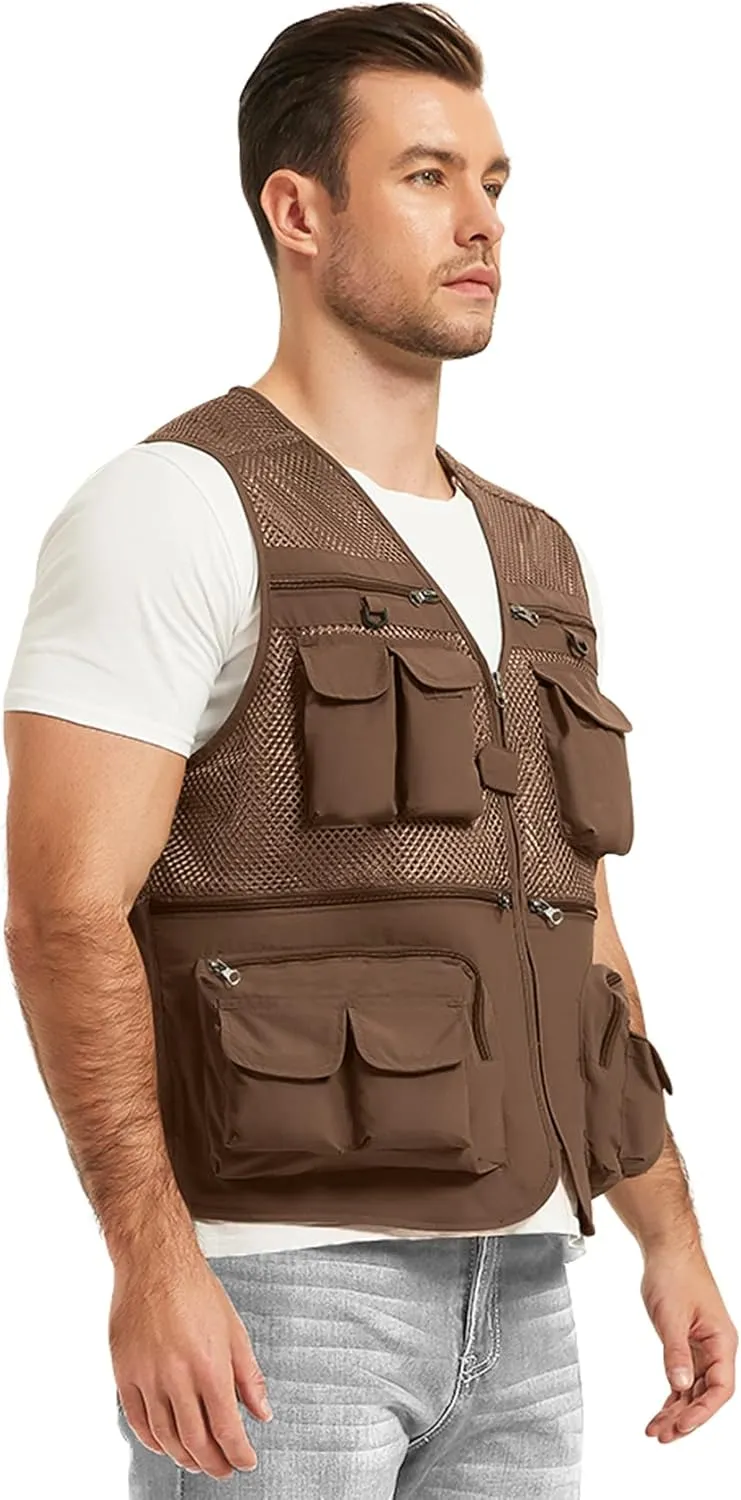 Flygo Men's Fishing Vest Utility Lightweight Outdoor Travel Safari Photo Cargo Vest with 16 Pockets