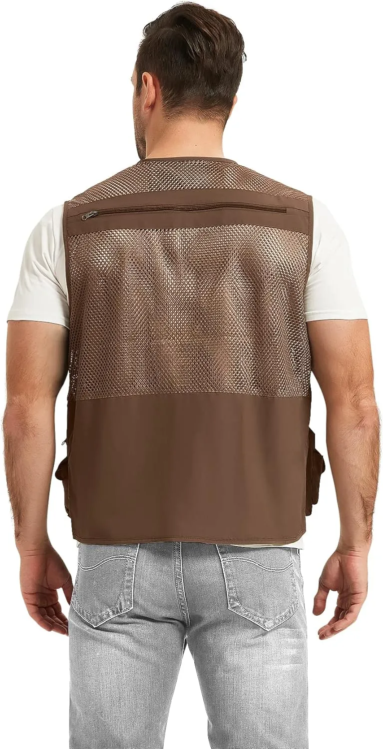 Flygo Men's Fishing Vest Utility Lightweight Outdoor Travel Safari Photo Cargo Vest with 16 Pockets