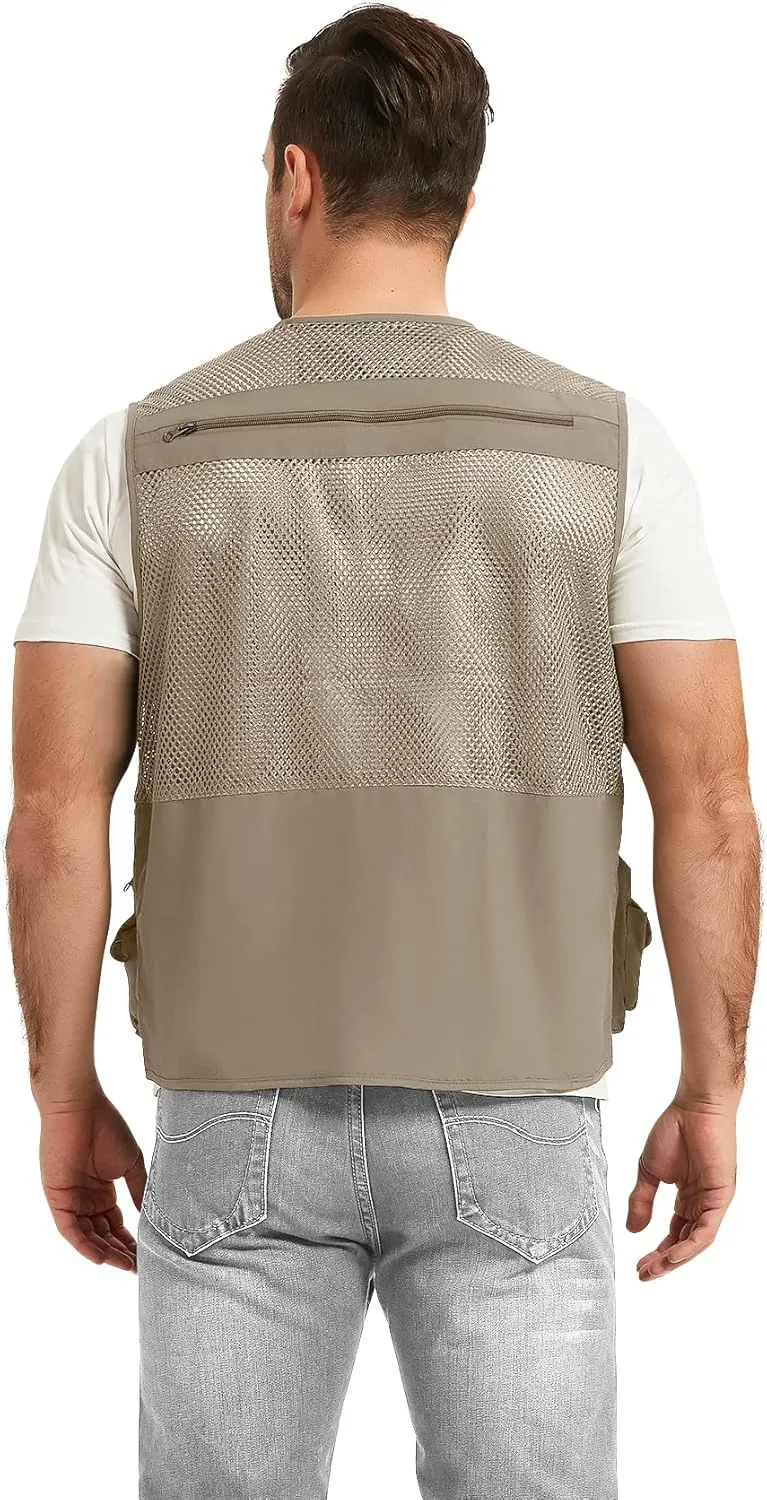 Flygo Men's Fishing Vest Utility Lightweight Outdoor Travel Safari Photo Cargo Vest with 16 Pockets