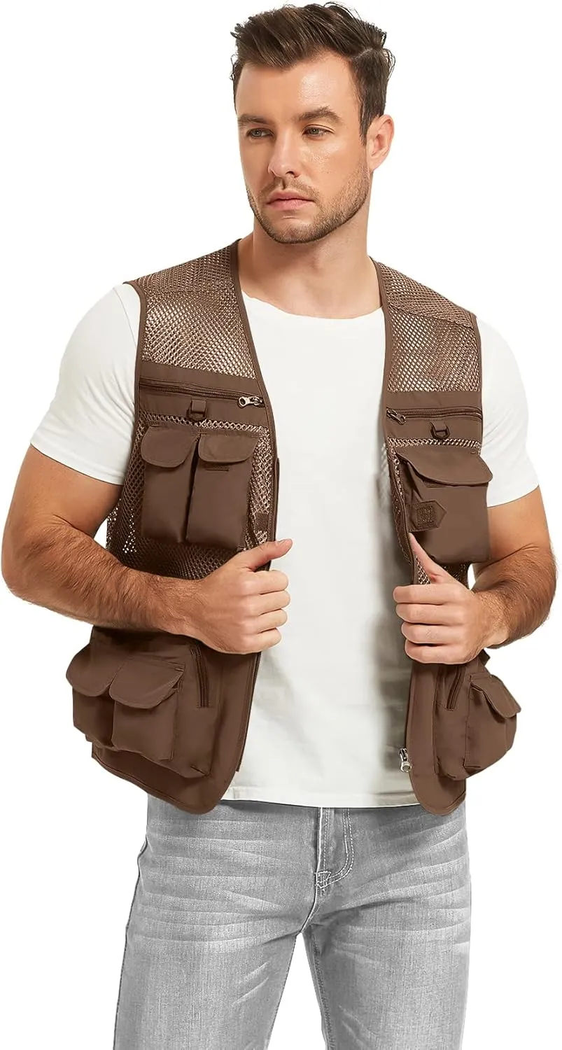 Flygo Men's Fishing Vest Utility Lightweight Outdoor Travel Safari Photo Cargo Vest with 16 Pockets