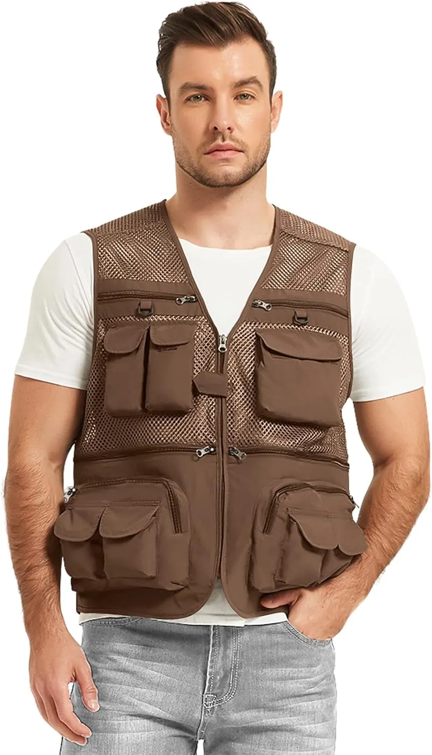 Flygo Men's Fishing Vest Utility Lightweight Outdoor Travel Safari Photo Cargo Vest with 16 Pockets