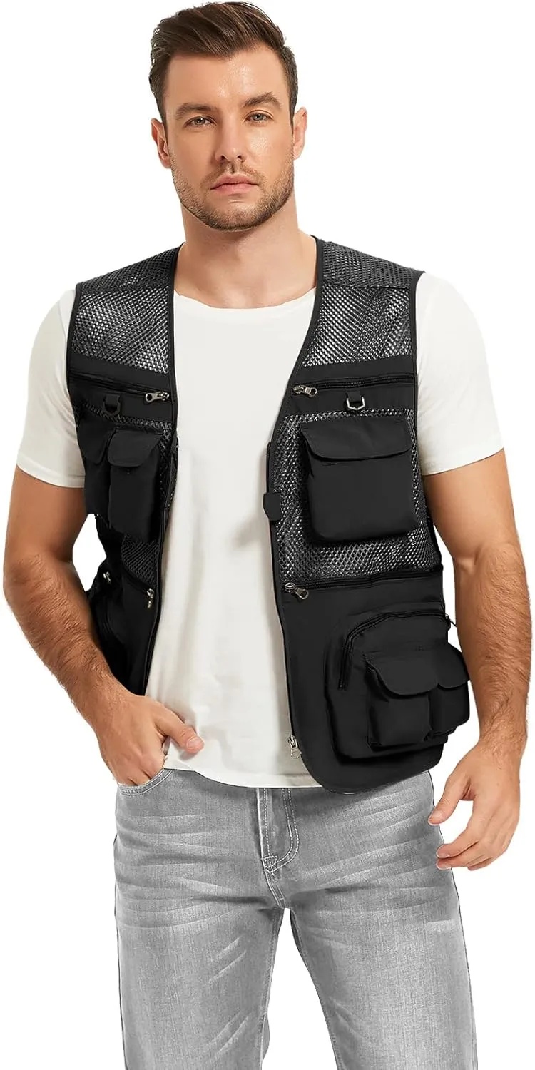 Flygo Men's Fishing Vest Utility Lightweight Outdoor Travel Safari Photo Cargo Vest with 16 Pockets