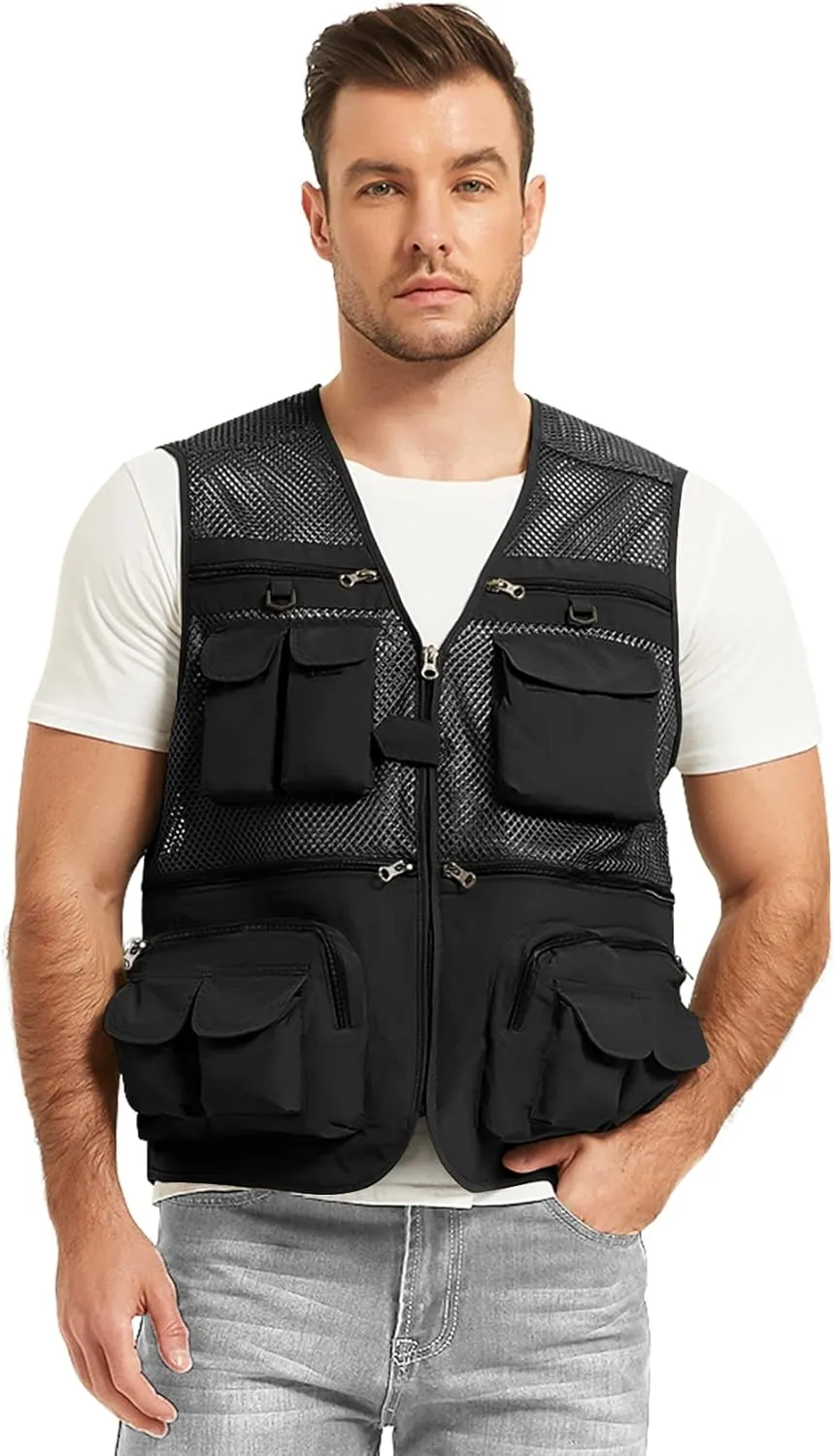 Flygo Men's Fishing Vest Utility Lightweight Outdoor Travel Safari Photo Cargo Vest with 16 Pockets