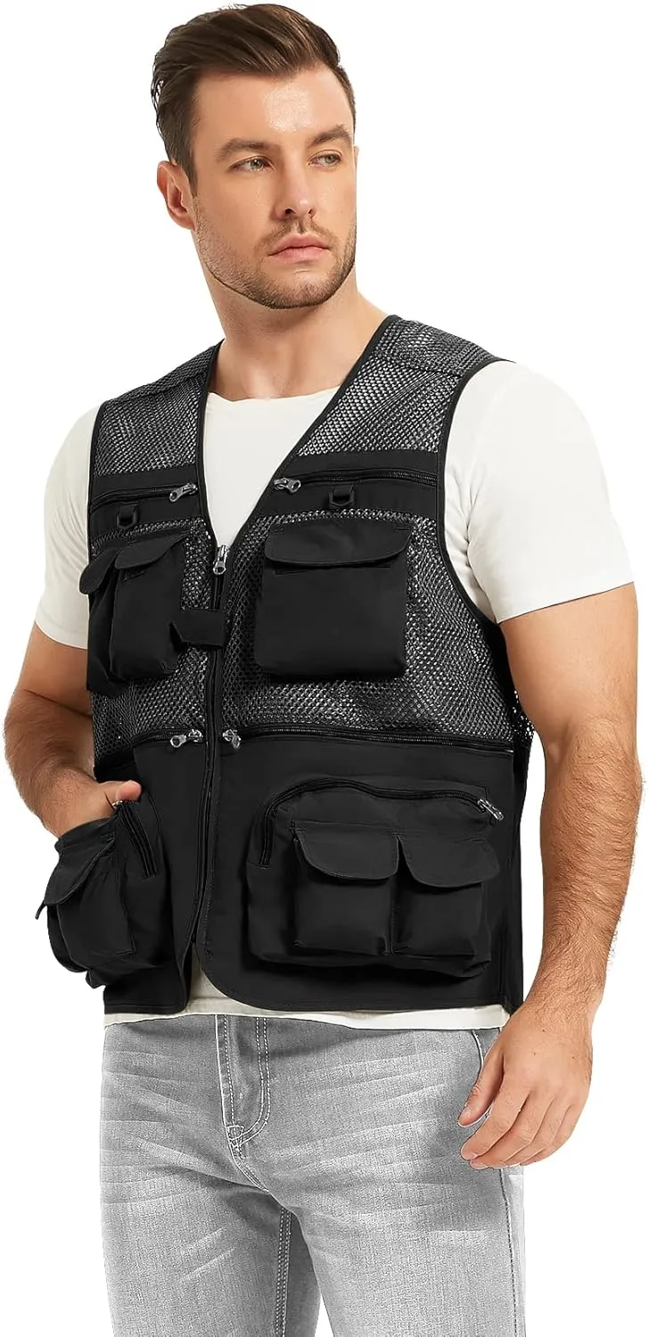 Flygo Men's Fishing Vest Utility Lightweight Outdoor Travel Safari Photo Cargo Vest with 16 Pockets