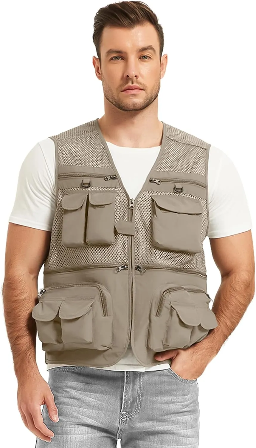 Flygo Men's Fishing Vest Utility Lightweight Outdoor Travel Safari Photo Cargo Vest with 16 Pockets