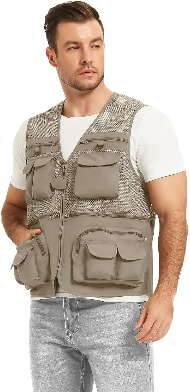 Flygo Men's Fishing Vest Utility Lightweight Outdoor Travel Safari Photo Cargo Vest with 16 Pockets