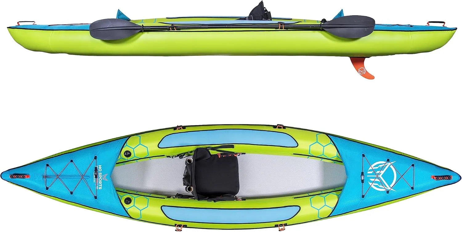 HO Sports Beacon Inflatable Kayak with Hand Pump, Adjustable Paddle & Carry Bag - Ergonomic High-Back Seat with Storage Holder & Built-in Fishing Rod Holder - 450 lbs Max Weight Capacity