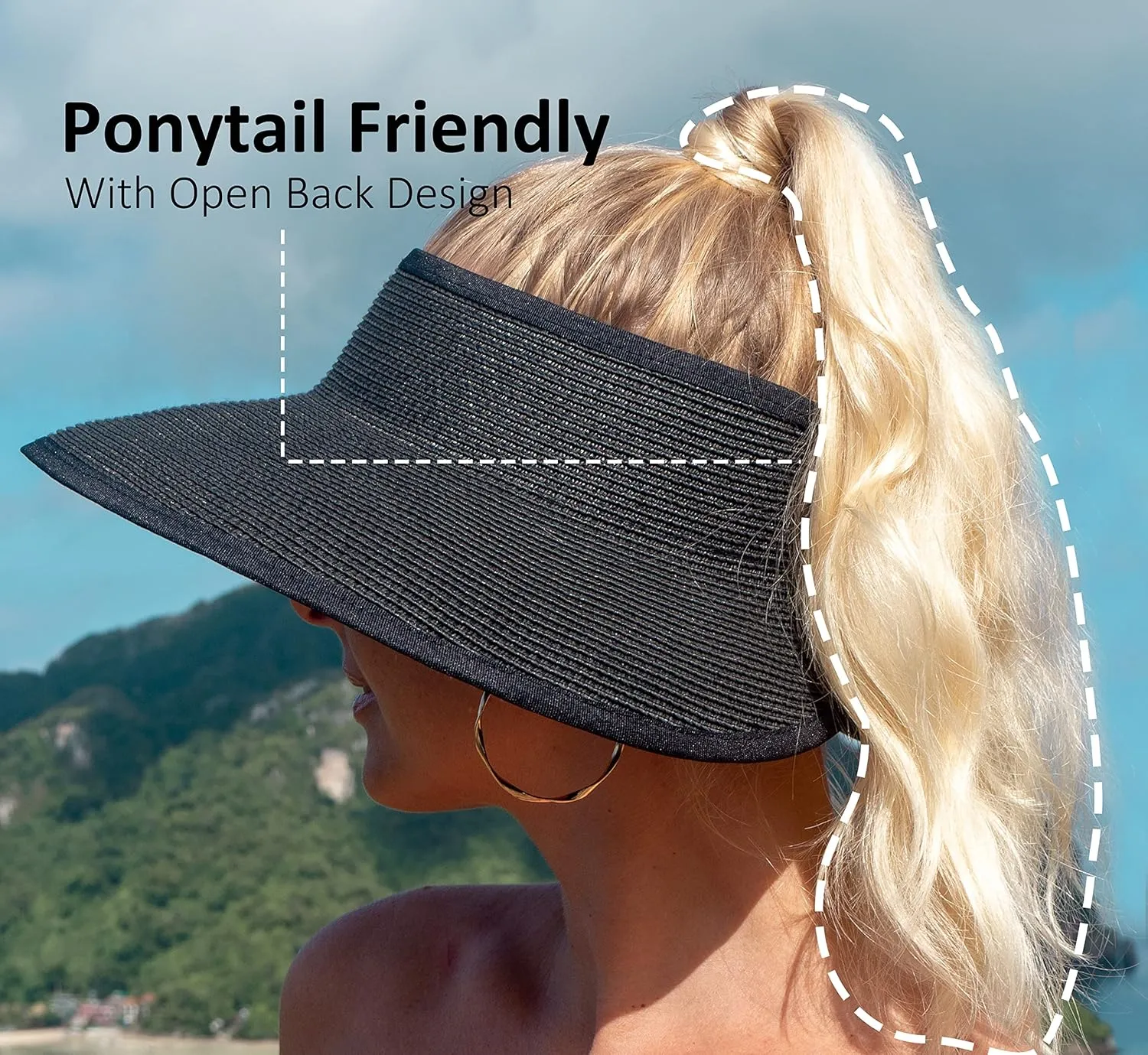 Joywant Womens Sun Visor Hats, Packable Wide Brim Ponytail Beach Hat Straw Visor Summer Beach Vacation Essentials for Womens