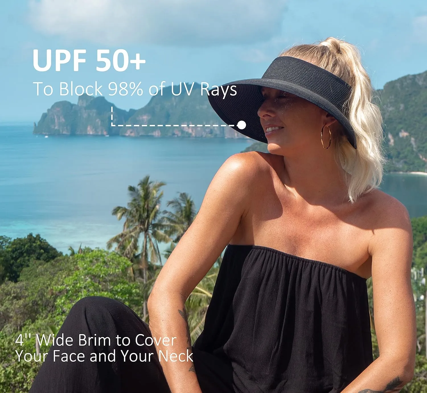 Joywant Womens Sun Visor Hats, Packable Wide Brim Ponytail Beach Hat Straw Visor Summer Beach Vacation Essentials for Womens