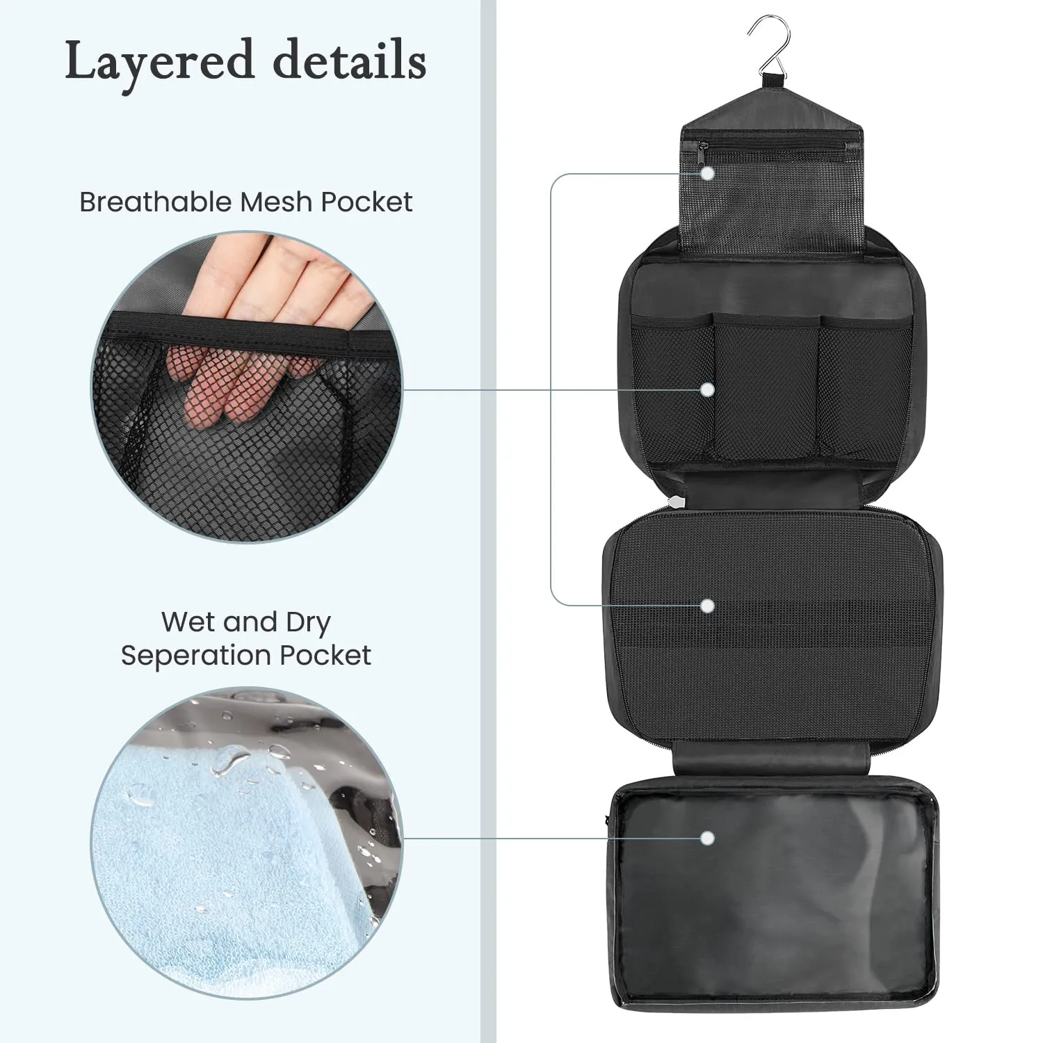 Maliton Toiletry Bag for Men & Women Large Toiletry Bags for Traveling Hanging Toiletry Bag Hygiene Bag with 4 Compartments Waterproof Bathroom Shower Bag (Black)