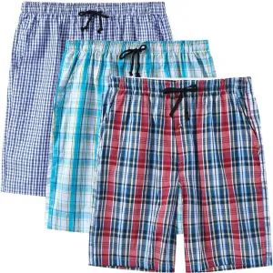 MoFiz Men's Sleepwear Shorts Pajama Bottom Lounge Short Plaid Button Open Fly 3Pack