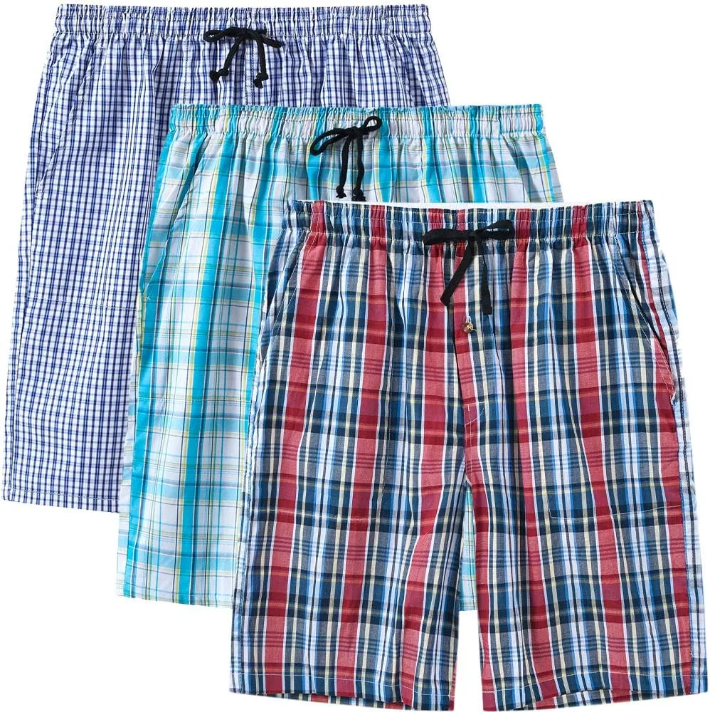 MoFiz Men's Sleepwear Shorts Pajama Bottom Lounge Short Plaid Button Open Fly 3Pack