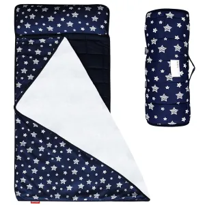 Moonsea Toddler Nap Mat Boy Navy with Pillow and Fleece Minky Blanket, Lightweight and Soft Perfect for Kids Preschool, Daycare, Travel Sleeping Bag for Boys, 21" x 50" Fit on a Standard Cot