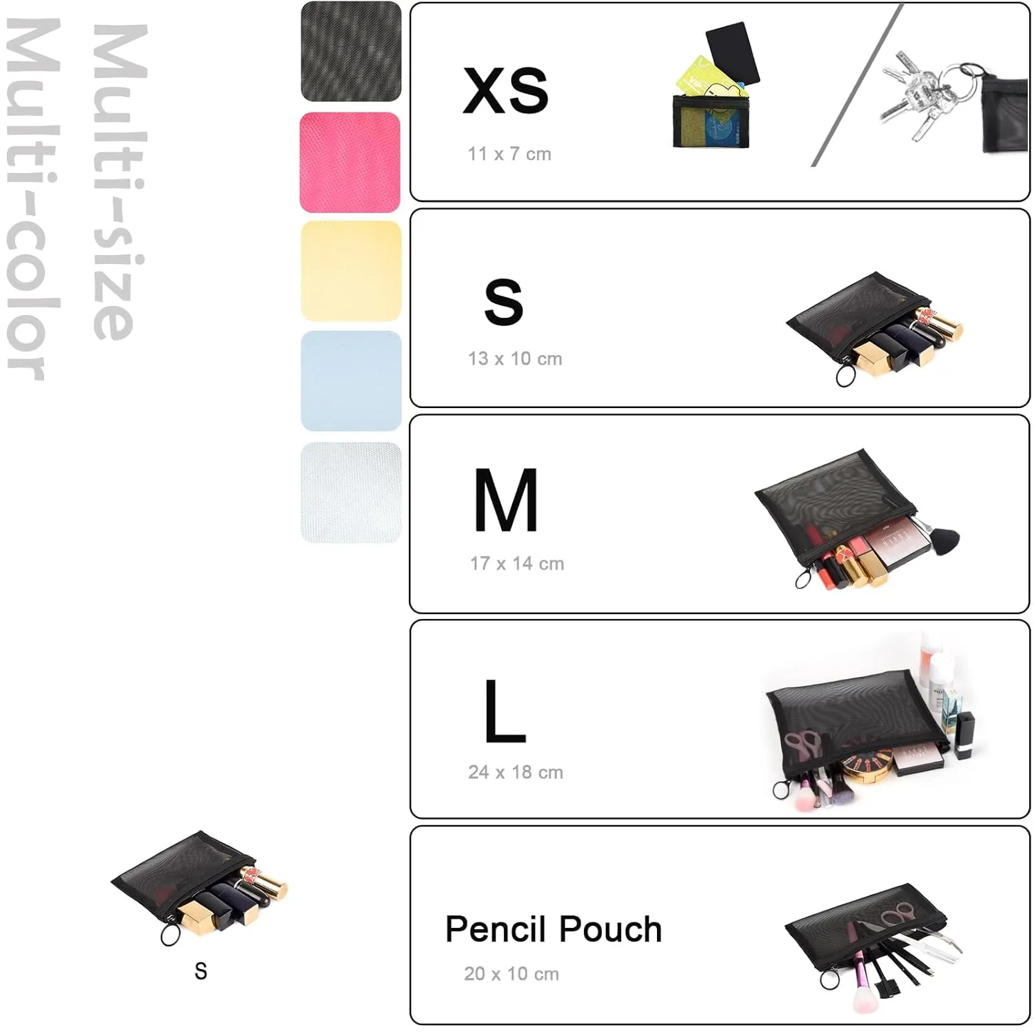 Patu Mini Zipper Mesh Bags, 4" x 5", Size S / A7, 5 Pieces, Beauty Makeup Lipstick Cosmetic Accessories Organizer, Small Travel Kit Storage Pouch, Black