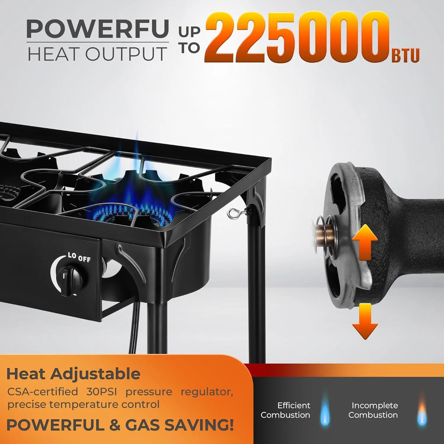 Propane Camping Stove, 225000 BTU Outdoor Propane Stove, 3 Burner High Pressure Propane Gas Cooker with Detachable Legs, 30 PSI Regulator