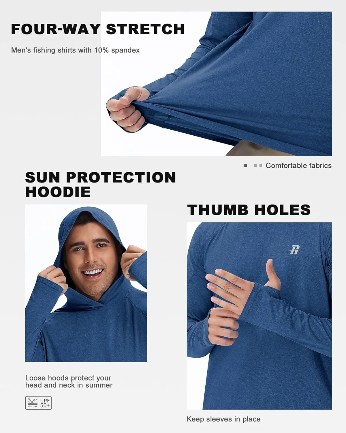 Runhit Fishing Shirts for Men Hoodie Sun Shirt UPF 50  Long Sleeve UV Protection SPF Rash Guard Running Hiking Workout